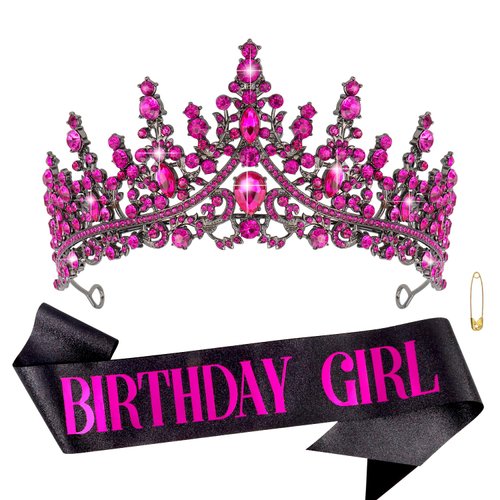 CHANACO Birthday Crown Tiaras for Women Birthday Girl Sash Rose Red Crystal Birthday Tiara Rhinestone Birthday Headband Princess Crown for Girls Hair Accessories Happy Birthday Party Decorations