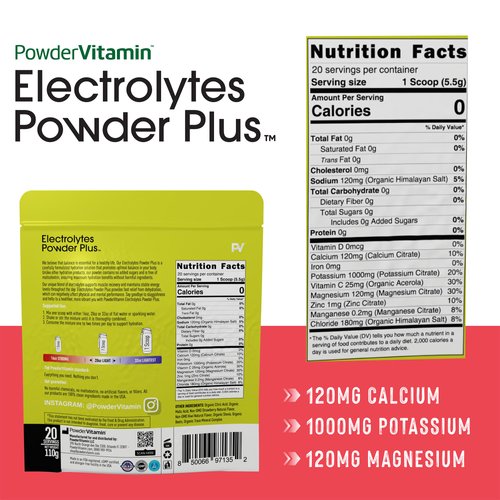 PowderVitamin Electrolytes Powder Plus (20 Servings) Strawberry Kiwi Electrolyte Powder Zero Calorie Keto,0 Sugar,No Maltodextrin,1000mg Potassium,120mg Calcium,120mg Magnesium, Pink Himalayan Salt