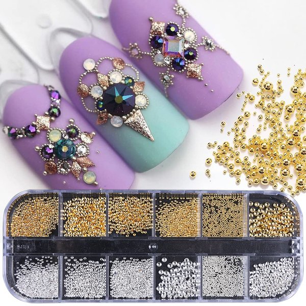 3D Nails Art Metal Charms Gold Nail Micro Caviar Beads Nail Studs for Women Rivet Nail Art Jewels Decoration Pixie Crystal for Nails Rhinestones Kit Professional Manicure Supplies