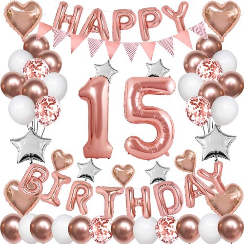 Rose Gold 15th Birthday Decorations for Girl Women,15th Birthday Balloons Supplies for Her 15 Rose Gold Number Balloon Happy Birthday Banner Confetti Balloons Star Heart Foil Balloons