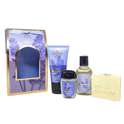 Bath & Body Works Aromatherapy Lavender + Vanilla Sleep Mini Gift Bag Set - Body Cream - Body Wash + Foam Bath and Hand Gel - with a Natural Oats Sample Soap - Travel Size