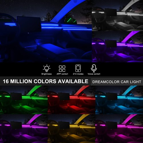 Acrylic Interior Car LED Strip Light with Wireless APP, RGB 6 in 1 with 175 inches 593 LEDs Fiber Optic Ambient Lighting Kits, 16 Million Colors Sound Active Function Car Neon Lights