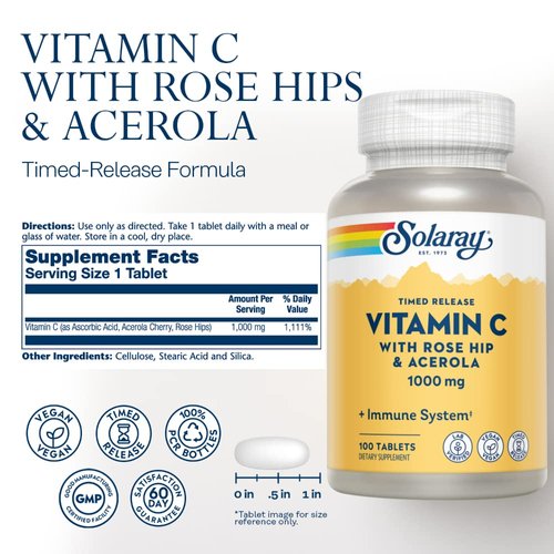 SOLARAY Vitamin C w/Rose HIPS & Acerola, 1000mg, Two-Stage Timed-Release Healthy Immune Function (100 Servings, 100 Tablets)