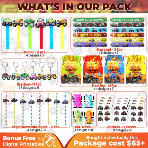 Monster Truck Party Favor 84 PCS Monster Truck Mini Pull Cars Treat Box Slap Bracelets Keychain Bubble Paper Straws Gift Rewards for Kids Birthday Supply