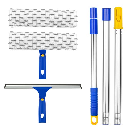 ITTAHO Squeegee for Window Cleaning,12"Squeegee and 11"Microfiber Scrubber Combi with Stainless Steel Pole,Extendable Window Cleaner for Car,Sliding Door,Shower Glass Door-Swivel Style-2 Pads