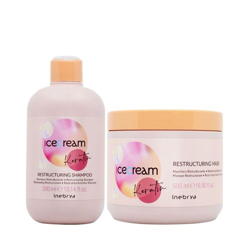 Inebrya Ice Cream Keratin Restructuring Shampoo & Mask Set - Frizz Control, Hydration, and Nourishment for Chemically Treated Hair, 300ML and 500ML, Beige