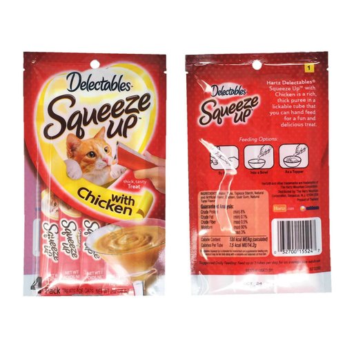 Delectables Squeeze Up Hartz Cat Treats Bundle of 4 Flavor Pouches, 2.0 oz Each (Chicken)