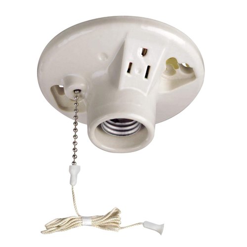 Leviton 9726-C One-Piece Glazed Porcelain Outlet Box Mount, Incandescent Lampholder, Pull Chain, Top Wired, White