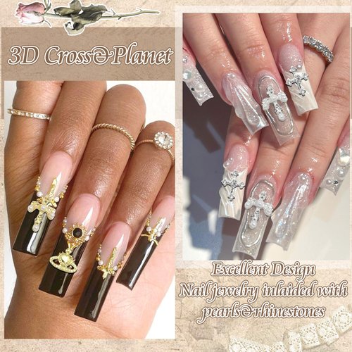 RODAKY 54PCS Cross Nail Charms Gold Cross Charms for Nails 3D Planet Nail Art Jewelry Silver Nail Charms and Gems Metal Nail Stud Rhinestones Shiny Nail Decoration for Manicure Design