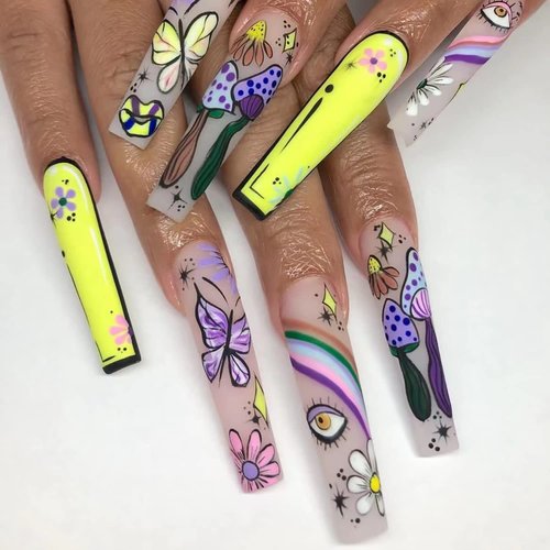 24 Pcs Extra Long Press on Nails Coffin Acrylic Fake Nails Butterfly Mushroom Rainbow Eyes and Flower Pattern Designs Cute False Nails Spring and Summer Extra Long Artificial Nails with Full Cover Glue on Nails for Women Girls Nail Decorations