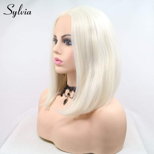 Sylvia Platinum Blonde Bob Hairstyle Synthetic Lace Front Wigs Middle Parting 60# Short Straight Heat Resistant Fiber Hair…