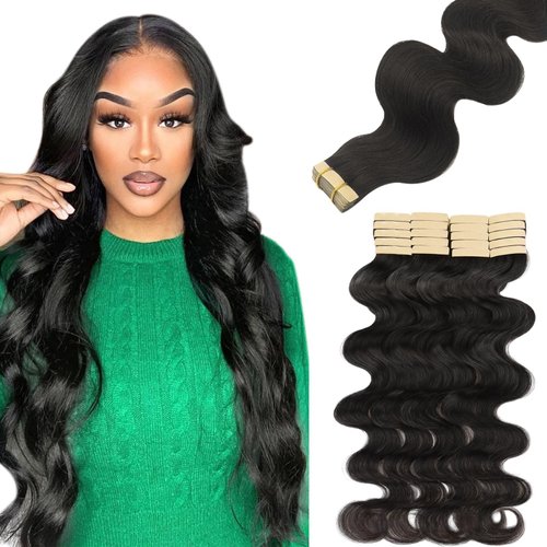 Lashey Tape in Hair Extensions Human Hair Body Wave 100% Remy Human Hair 16 Inch 50g/pack 20pcs Tape for Hair Extensions Natural Black Extensions for Black Women