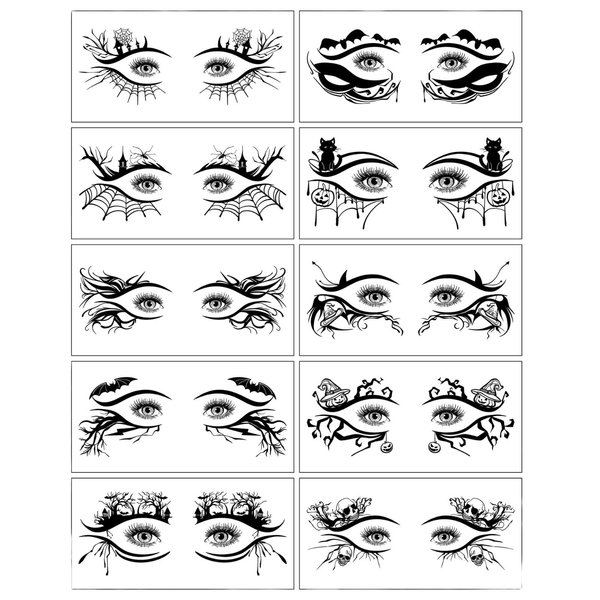 mdgfge 10 Pairs Halloween Eye Shadow Eyeliner Face Eye Makeup Tattoos Eyeliner Decals Spider Web Skull Bat Temporary Tattoo Stickers for Women Halloween Masquerade Party Supplies