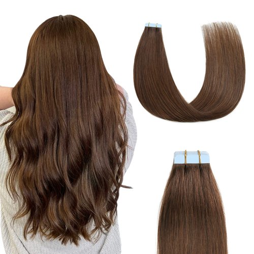 Sunya Tape in Hair Extensions Human Hair 24 inches Chocolate Brown Straight Tape in Real Human Hair Seamless Skin Weft Tape in Hair Extensions #4 Color 50 Gram 20Pcs/Pack