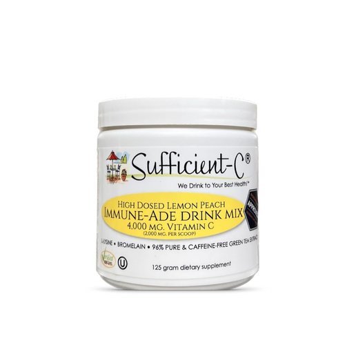 Sufficient-C High Dose Non-GMO Vitamin C Lemon Peach Immune-Ade Drink Mix, Convenient 125 Gram Size w/L-lysine, Bromelain & a Premium 96% Pure Green Tea Extract - Stomach Friendly, Adrenal Supportive
