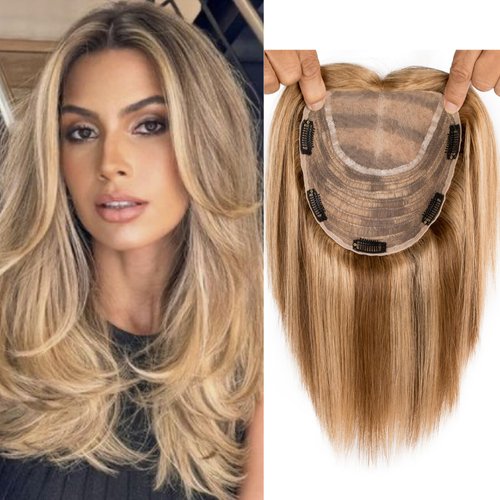 Lovenea Human Hair Topper 18 * 20 cm Swiss Lace Base Hairpiece 8 Inch Clip in Human Hair Toppers Straight Human Hair Pieces for Women with Hair Loss Thinning Piano 4/27 Color (8 Inch, P4/27#)