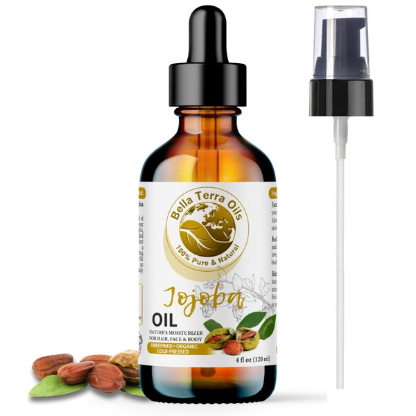 Bella Terra Oils - Organic Jojoba Oil 4oz - Cold-Pressed Excellence, Non-Comedogenic, Bathed in Vitamin C & E, For Those Seeking the Best Oils for Skin
