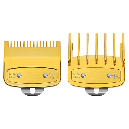Flymony 2 Professional Hair Clipper Guards Cutting Guides Fits for Most Wahl Clippers, Premium Clipper Attachment Replacement - Guard Number: #1/2, 1 1/2 (Length: 1/16 inch and 3/16 inch), Gold