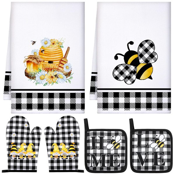 Bencailor 6 Pieces Christmas Bee St Patrick's Day Kitchen Towels Oven Mitts and Potholder Dual Purpose Towels Cooking Stove Gloves Heat Resistant Hot Pads for BBQ Baking Grilling(Bee)