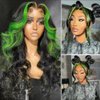 JYZ Skunk Stripe Wig Human Hair Lace Front Green Highlights Wig Human Hair Wavy 13X4 HD Lace Front Wigs Human Hair 200% Density Highlight Wigs Human Hair Pre Plucked with Baby Hair 18inch Middle Part