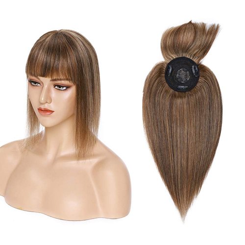 MY-LADY Top Hairpieces for Womem with Bangs 150% Density Natural Mono Base Topper 100% Real Human Hair Clip in on Hair Piece Straight Middle Part for Hair Loss Thinning Hair Gray 20 Inch #4/27