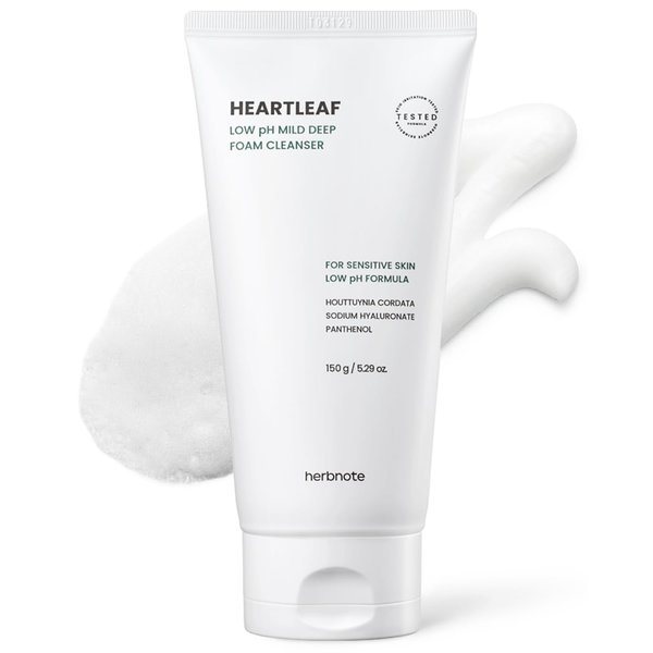 herbnote Heartleaf Low pH Deep Foam Cleanser - Gently Removes Sebum, Deep Cleans Pores - Contains 80% Houttuynia Cordata, Hyaluronic Acid, Soothes and Enhances Sensitive Skin, 5.29oz.