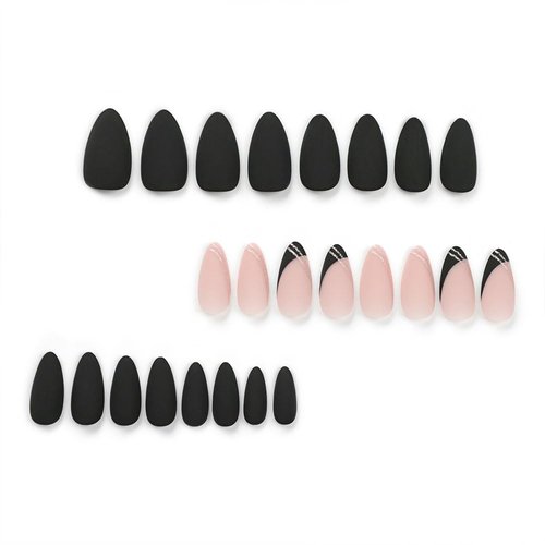 BAOYAALIN Black Press on Nails Short Medium Almond Shaped French Tips Fake Nails with Simlpe Gold Lines Design Glue on Nails for Women Girls Acrylic False Stick on Nail Manicure for Wedding 24Pcs