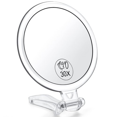 AMISCE 30x Magnifying Handheld Mirror, 2-Sided with Adjustable Stand, Portable, Acrylic Frame, 5'' Diameter, Perfect for Makeup, Shaving, Deep Cleaning