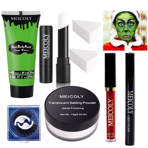 MEICOLY Christmas Makeup Kit,Christmas Green Face Paint Makeup,Wicked Witch Cosplay,Lime Green Face Paint+White Face Paint Stick+Black Eyeliner+Red Liquid Lipsticks+False Eyelash+Setting Powder+Sponge