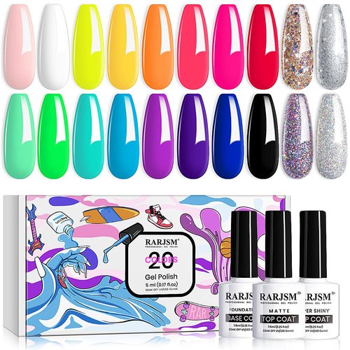RARJSM 23 Pcs Gel Nail Polish Set, Pastel Nail Gel Kit Spring Summer Neon Green Yellow Black Glit...