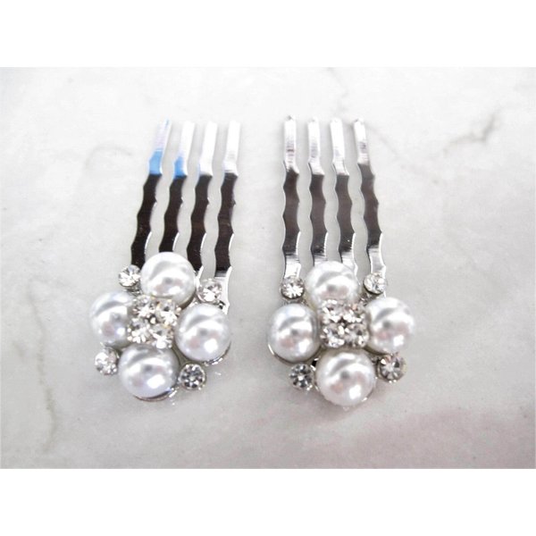 Generic Set of two small pearl and silver hair comb barrette clip bridal clip with, 7