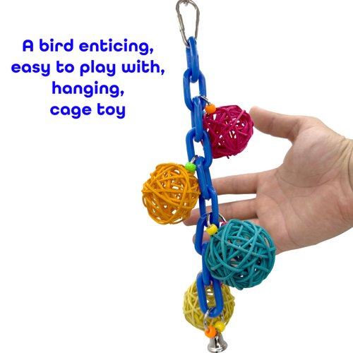 Mandarin Bird Toys 1141 Vine Chain Chewer - Handcrafted bird cage toy, Colorful climbable plastic chain, Chewy colorful vine balls, Small metal bell, Fun for small pet birds Budgie Cockatiel Parrotlet