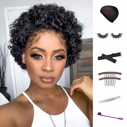 WIGNEE Lace Front Wigs Short Curly Human Hair Wig 13x1 HD Lace Wig with Baby Hair Pre Plucked Lace Front Wigs Human Hair Wigs for Black Women (1B)