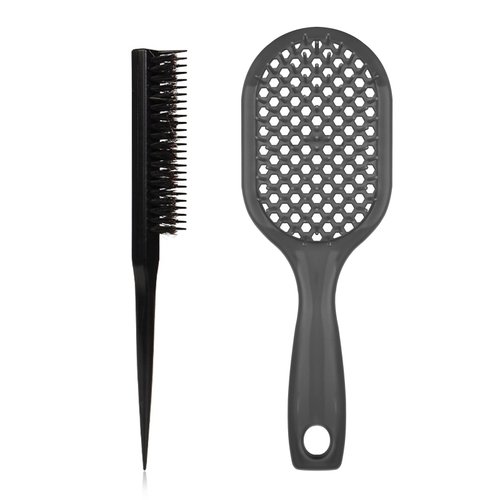 Vented Detangling Hair Brush Set, Include 1 Pcs Detangler Hairbrush and 1 Pcs Hair Tesaing Brush for Effortless Tangle Removal, for Women Men Kid's Wet Dry Curly Straight Hair (Black Black)