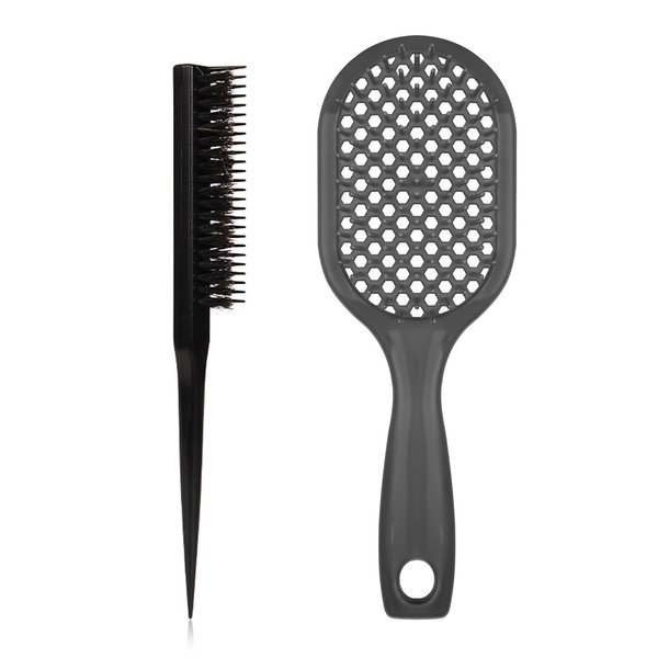 Vented Detangling Hair Brush Set, Include 1 Pcs Detangler Hairbrush and 1 Pcs Hair Tesaing Brush for Effortless Tangle Removal, for Women Men Kid's Wet Dry Curly Straight Hair (Black Black)