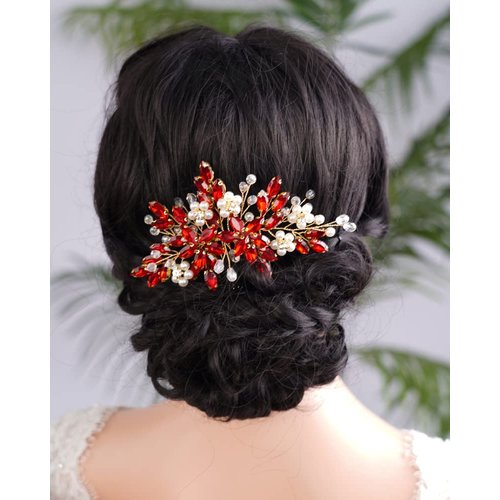 BERYUAN Wedding Pearls Crystal Rhinestone Hair Comb Pearls Crystal Flowers Bride Headpiece Crystal Pearls Wedding Hair Accessories Handmade Wedding Hairband for Wedding Women and Girls (red)