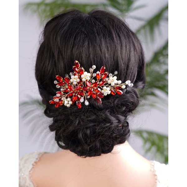 BERYUAN Wedding Pearls Crystal Rhinestone Hair Comb Pearls Crystal Flowers Bride Headpiece Crystal Pearls Wedding Hair Accessories Handmade Wedding Hairband for Wedding Women and Girls (red)