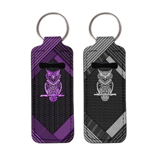 Gearider Metal Owl Print Cute Lip Balm Holder Keychain, 2 Pieces Compact Lipstick Sleeve for Backpack - Purple & Silver