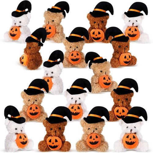 Liliful 20 Pcs Halloween Plush Bear Bulk Mini Halloween Stuffed Animals Bear Toys with Pumpkin and Witch Hat Halloween Stuffed Plush Toy Bear for Halloween Toy Bear Party Decorations Gifts