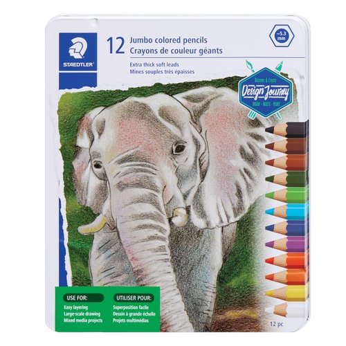 STAEDTLER Jumbo Colored Pencil, 5.3mm Line Width, Pack of 12 Assorted Pencils, Metal Tin, 1290 M12