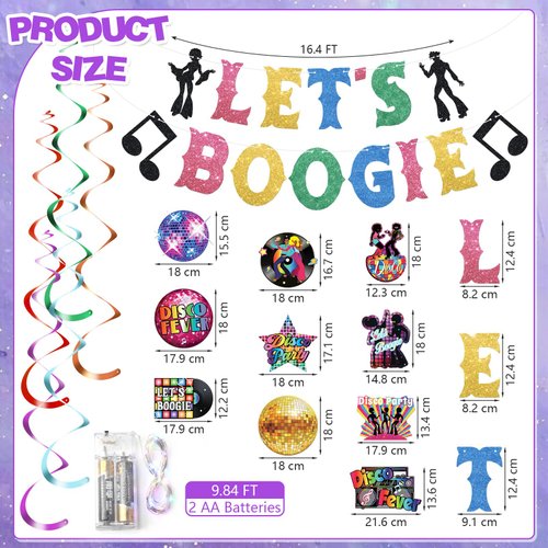 Epakh 35 Pcs Disco Birthday Party Decorations 70s Party Banner and Hanging Swirls Disco Ceiling Hanging Decor with LED Color Lights for Adults Back to 70s 80s Party Rock Hip Hop Party Supplies