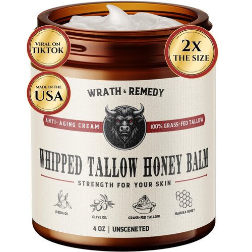 Wrath & Remedy Handmade Whipped Organic Beef Tallow for Skin - 4 OZ (Unscented) — Grass Fed Beef Tallow Moisturizer and Honey Balm for Silky, Sensitive-Skin, Eczema, Rosacea - Free of Harsh Chemicals