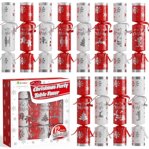 D-FantiX 12 Pack Christmas Party Favors with Red & White Snowflake Design, No-Snap Party Table Favors with Party Hats Joke Little Gifts, Xmas Holiday Dinner Traditions Supplies, Gift for Kids Adult