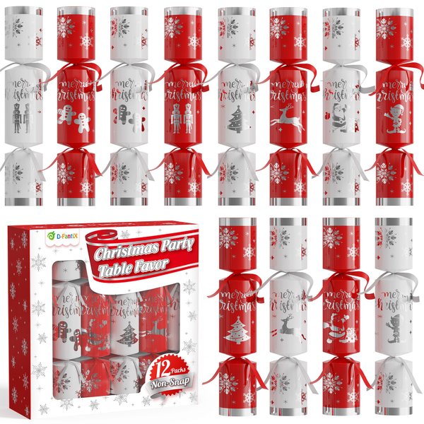 D-FantiX 12 Pack Christmas Party Favors with Red & White Snowflake Design, No-Snap Party Table Favors with Party Hats Joke Little Gifts, Xmas Holiday Dinner Traditions Supplies, Gift for Kids Adult