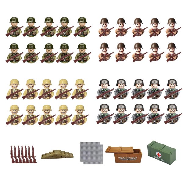 Dwvvbst 105 Pieces WW2 Building Set Action Figures, Army Combat Playset Mini World W2 Figures, American German British French Minfigures Battle Figures Block Toy Military Weapons Accessories for Kids