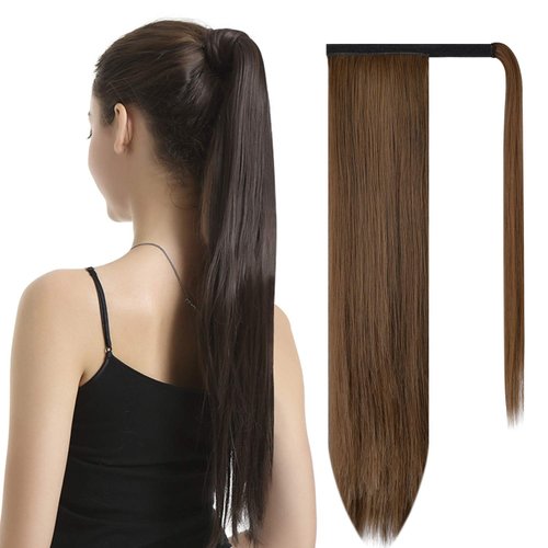 BARSDAR Straight Ponytail Extension - 26 Inch Long Straight Wrap Around Ponytail for Women Clip in Ponytail Hair Extensions Synthetic Brown Hair Pony Tails Hairpieces Daily - Dark Brown & Auburn