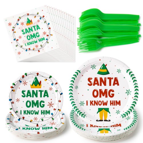 BHronony Christmas Plates Napkins Tableware - 96pcs Funny Xmas Movie Party Forks Dinnerware Set Decorations Supplies, Santa Omg Themed Disposable Tableware Favor for Winter Holiday (24 Guests)