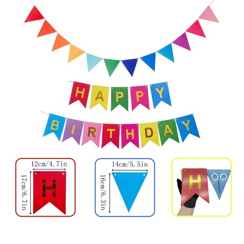 Colorful Happy Birthday Banner with 12pcs Pennant Banner Flags, Happy Birthday Sign, Colorful Rainbow Birthday Party Decorations, Bunting Banner with Shiny Gold Letters, DIY Party Supplies (Multi-color)