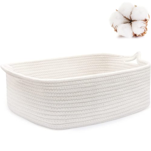 ABenkle Rope Basket, Small Storage Gift Basket, Rectangle Under Shelf Basket, Decorative Boho White Rope Woven Basket with Handle for Baby Dog Toy Egg Fruit Snack Towel Easter