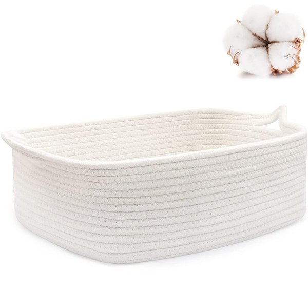ABenkle Rope Basket, Small Storage Gift Basket, Rectangle Under Shelf Basket, Decorative Boho White Rope Woven Basket with Handle for Baby Dog Toy Egg Fruit Snack Towel Easter